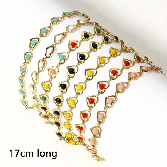 Image de 1 Pièce Bracelets Chaîne à Maillons Faite à la Main en 304 Acier Inoxydable Plaqué Or 18K Cœur Émail Double Face 17cm long