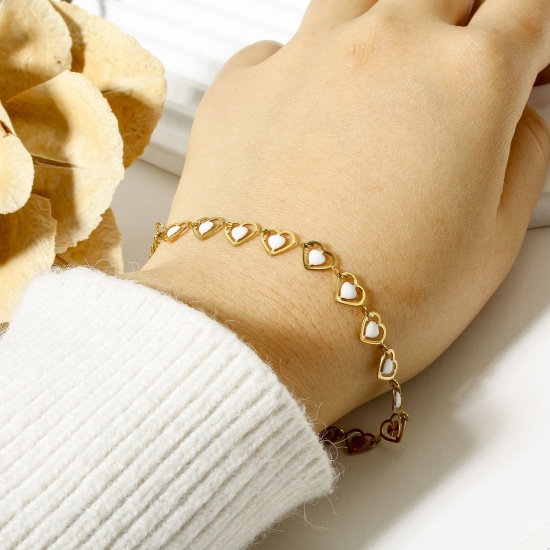 Image de 1 Pièce Bracelets Chaîne à Maillons Faite à la Main en 304 Acier Inoxydable Plaqué Or 18K Cœur Émail Double Face 17cm long