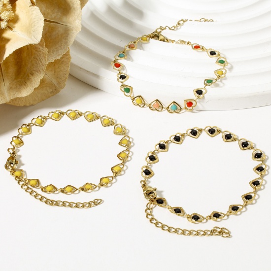 Image de 1 Pièce Bracelets Chaîne à Maillons Faite à la Main en 304 Acier Inoxydable Plaqué Or 18K Cœur Émail Double Face 17cm long
