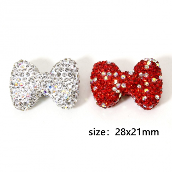 Picture of Polymer Clay Beads For DIY Charm Jewelry Making Bowknot AB Color Rhinestone About 28mm x 21mm
