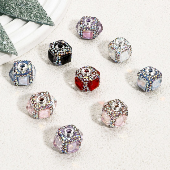 Picture of 1 Piece Polymer Clay Beads For DIY Charm Jewelry Making Cube Multicolor Rhinestone About 22mm x 18mm, Hole: Approx 3.4mm