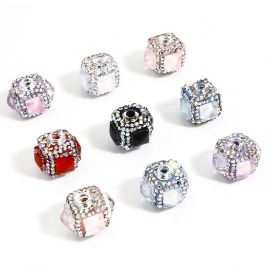 Image de 1 Piece Polymer Clay Beads For DIY Charm Jewelry Making Cube Multicolor Rhinestone About 22mm x 18mm, Hole: Approx 3.4mm