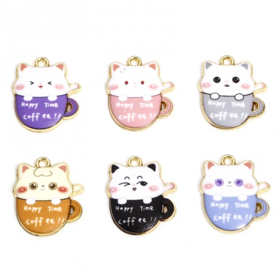 Picture of 10 PCs Zinc Based Alloy Charms Gold Plated Multicolor Cup Cat Enamel 23mm x 19mm