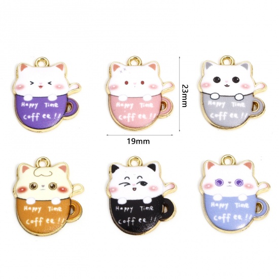Picture of 10 PCs Zinc Based Alloy Charms Gold Plated Multicolor Cup Cat Enamel 23mm x 19mm