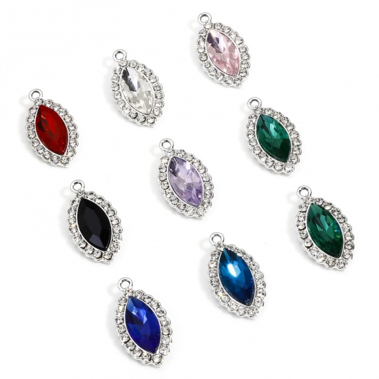 Image de 10 PCs Zinc Based Alloy Charms Silver Tone Multicolor Marquise With Glass Cabochons Clear Rhinestone 25mm x 13mm
