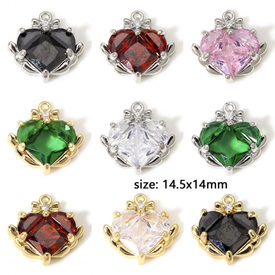 Picture of Brass Valentine's Day Charms Real Gold Plated Multicolor Heart Clear Cubic Zirconia 14.5mm x 14mm                                                                                                                                                             