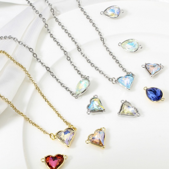 Picture of Brass & Cubic Zirconia Connectors Charms Pendants Heart Drop Real Gold Plated Multicolor                                                                                                                                                                      