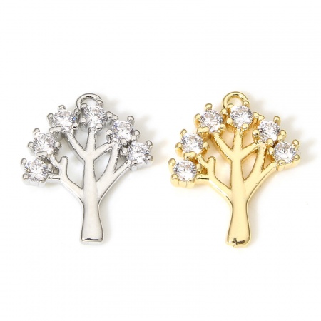 Brass Charms Real Gold Plated Tree Clear Cubic Zirconia 15mm x 12mm