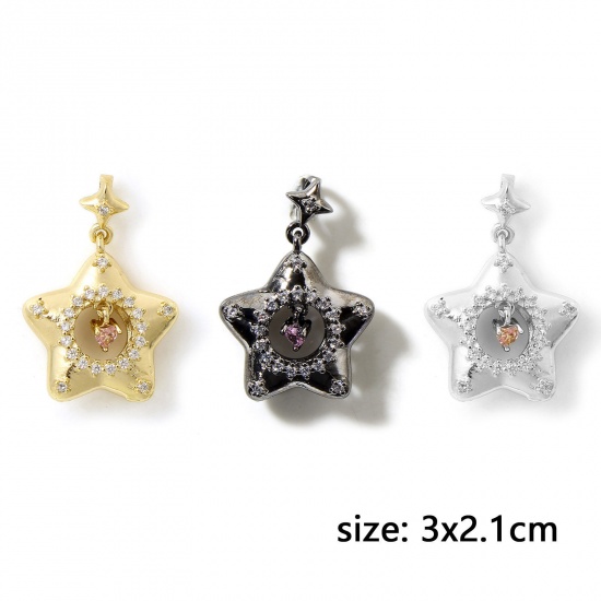 Picture of Brass Micro Pave Pendants Multicolor Pentagram Star Heart Hollow Clear Cubic Zirconia 3cm x 2.1cm