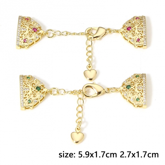 Picture of Brass End Caps For Necklace Bracelet Jewelry Making Triangle Filigree 18K Real Gold Plated With Lobster Claw Clasp And Extender Chain Multicolour Cubic Zirconia 5.9cm x 1.7cm                                                                                