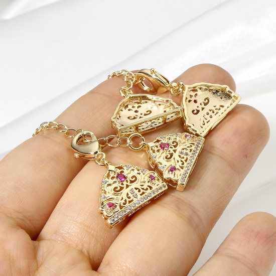 Picture of Brass End Caps For Necklace Bracelet Jewelry Making Triangle Filigree 18K Real Gold Plated With Lobster Claw Clasp And Extender Chain Multicolour Cubic Zirconia 5.9cm x 1.7cm                                                                                