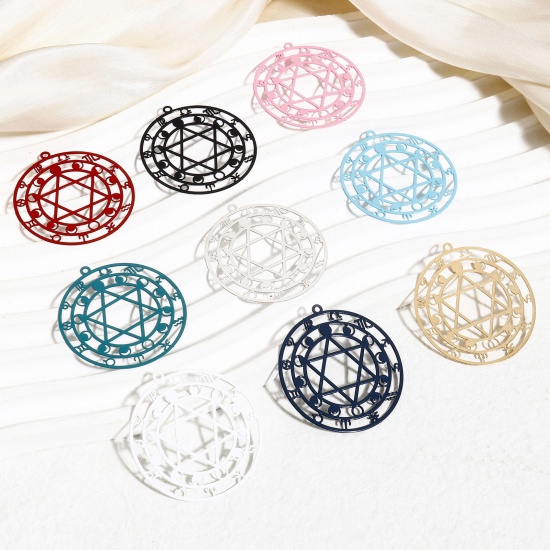 Picture of Iron Based Alloy Painted Filigree Stamping Pendants Multicolor Zodiac Constellation Moon Phases Hollow 3.7cm x 3.5cm