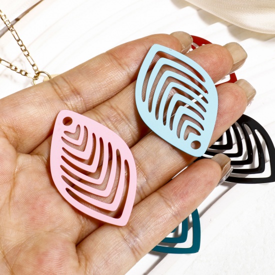 Picture of Iron Based Alloy Painted Filigree Stamping Pendants Multicolor Leaf Stripe Hollow 4.1cm x 2.4cm