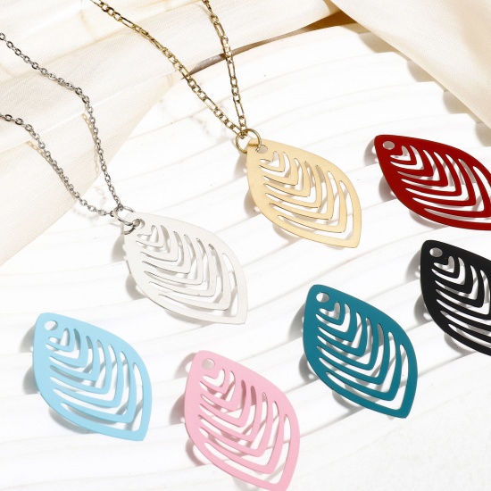 Picture of Iron Based Alloy Painted Filigree Stamping Pendants Multicolor Leaf Stripe Hollow 4.1cm x 2.4cm