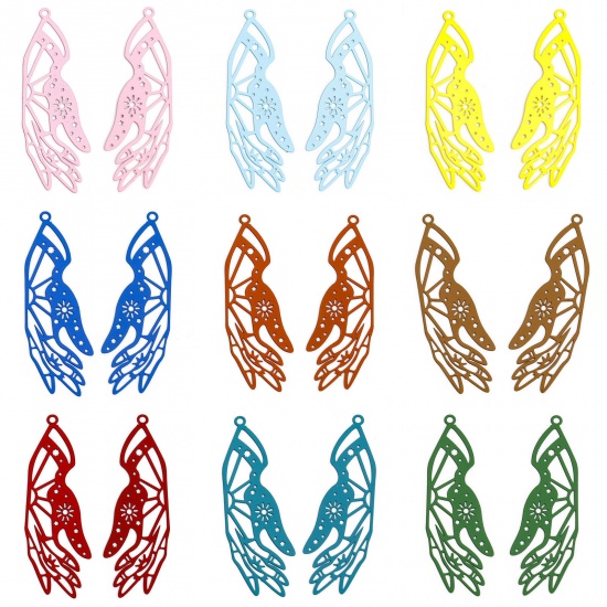 Immagine di 20 Pz Lega di Ferro Filigree Stamping Ciondoli Multicolore Mani Filigrana 4.5cm x 1.5cm