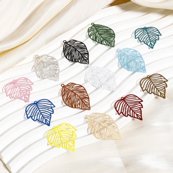 Picture of Iron Based Alloy Painted Filigree Stamping Connectors Charms Pendants Multicolor Leaf Hollow 3.7cm x 2.5cm