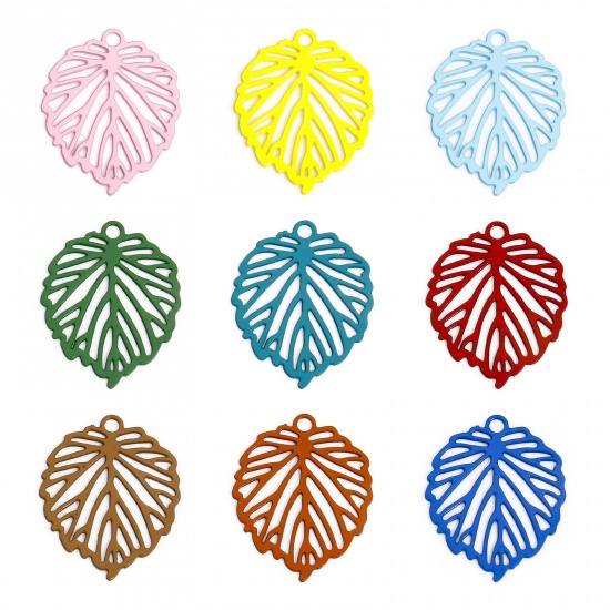 Image de 50 Pcs Breloques Estampe en Filigrane en Alliage de Fer Multicolore Feuilles Creux 15mm x 12mm