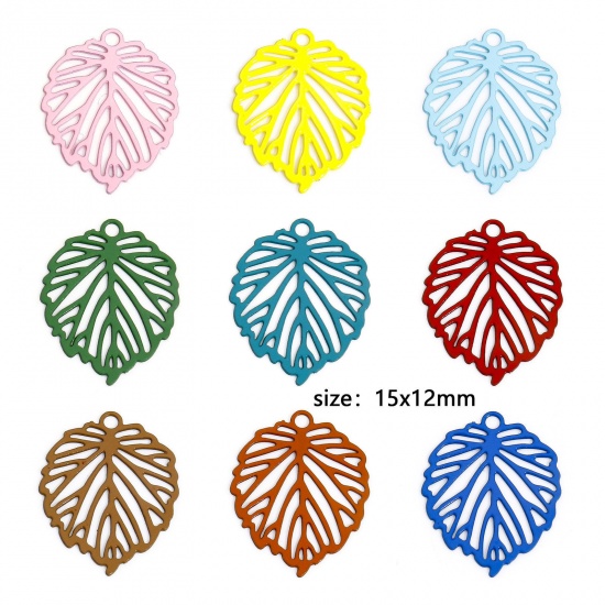 Image de 50 Pcs Breloques Estampe en Filigrane en Alliage de Fer Multicolore Feuilles Creux 15mm x 12mm