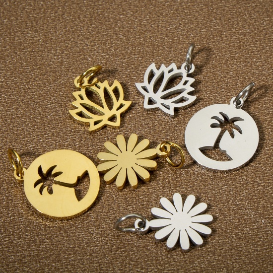 Picture of Eco-friendly 304 Stainless Steel Pastoral Style Charms Multicolor Lotus Flower Hollow