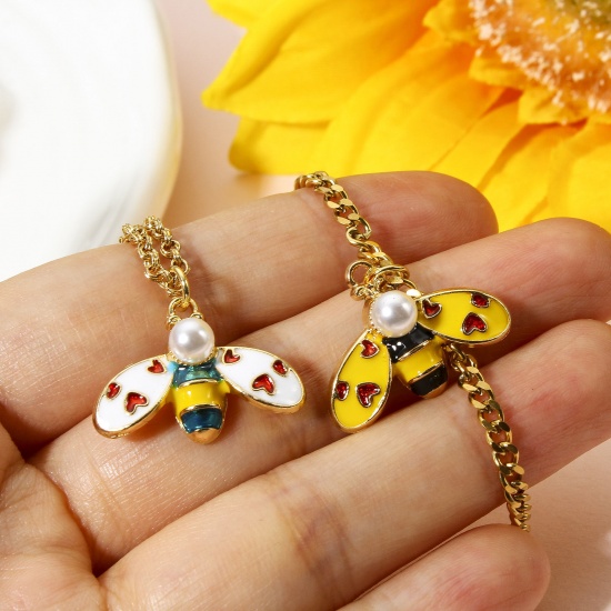Picture of 10 PCs Zinc Based Alloy Charms Gold Plated Multicolor Bee Animal Heart Enamel 23mm x 17mm