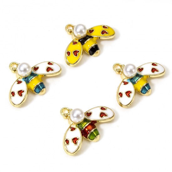 Picture of 10 PCs Zinc Based Alloy Charms Gold Plated Multicolor Bee Animal Heart Enamel 23mm x 17mm