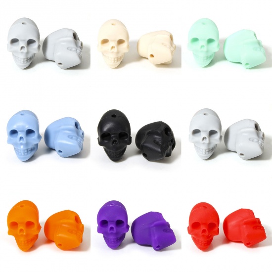 Image de 5 PCs Silicone Beads For DIY Charm Jewelry Making Skeleton Skull Multicolor 3D About 21mm x 16.5mm, Hole: Approx 2.2mm