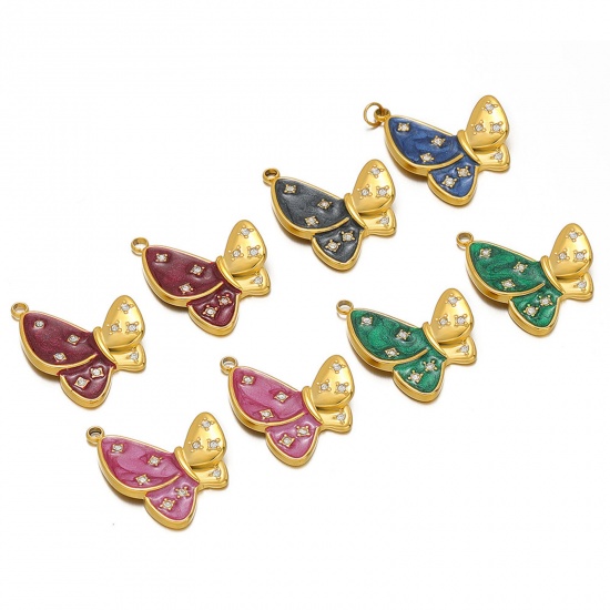 Picture of 304 Stainless Steel Charms 18K Gold Color Butterfly Animal Enamel Clear Rhinestone 20mm x 24mm