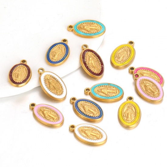 Picture of 304 Stainless Steel Charms Gold Plated Oval Jesus Enamel 10mm x 18mm
