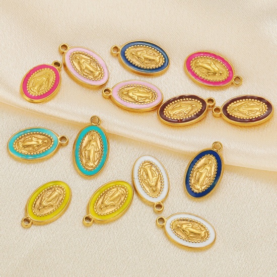 Picture of 304 Stainless Steel Charms Gold Plated Oval Jesus Enamel 10mm x 18mm