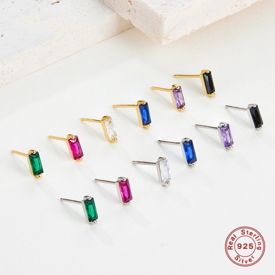 Picture of Sterling Silver Ear Post Stud Earrings Rectangle Multicolor Rhinestone With Stoppers 3mm x 7.8mm