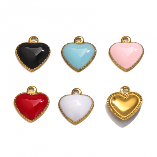 Picture of 304 Stainless Steel Charms 18K Gold Plated Heart Enamel 10mm x 8mm