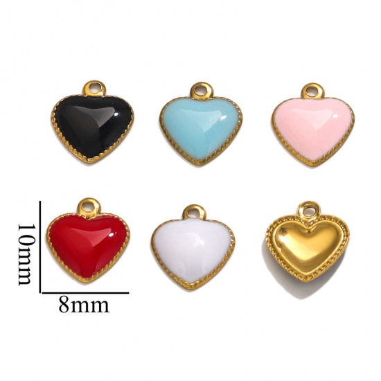 Picture of 304 Stainless Steel Charms 18K Gold Plated Heart Enamel 10mm x 8mm