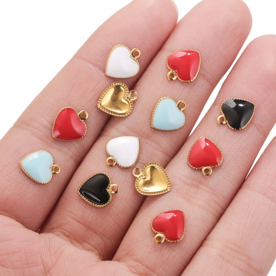 Picture of 304 Stainless Steel Charms 18K Gold Plated Heart Enamel 10mm x 8mm