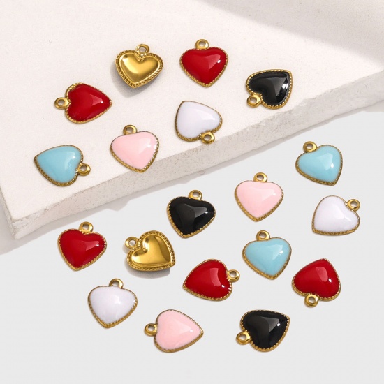 Picture of 304 Stainless Steel Charms 18K Gold Plated Heart Enamel 10mm x 8mm