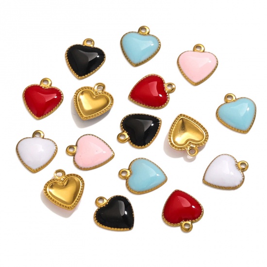 Picture of 304 Stainless Steel Charms 18K Gold Plated Heart Enamel 10mm x 8mm