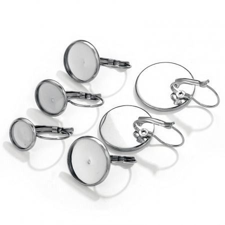 304 Stainless Steel Lever Back Clips Earrings Round Cabochon Settings