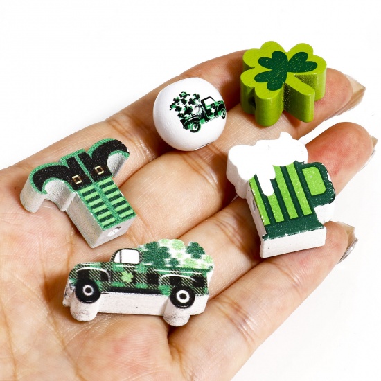 Picture of Wood St Patrick's Day Spacer Beads For DIY Jewelry Making Car Green Four Leaf Clover