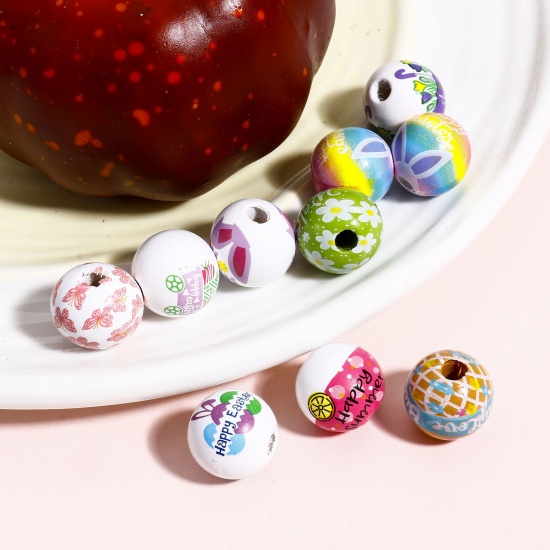 Picture of Wood Easter Day Spacer Beads For DIY Charm Jewelry Making Round Multicolor Rabbit About 16mm Dia.