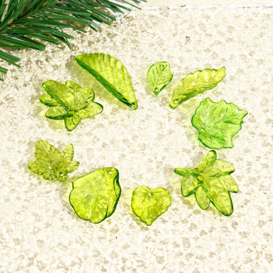 Picture of 100 PCs Acrylic Charms Leaf Green Transparent