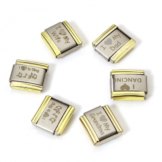 Imagen de 2 PCs 304 Stainless Steel Italian Charm Links For DIY Bracelet Jewelry Making Silver Tone Rectangle Corrosion 10mm x 9mm