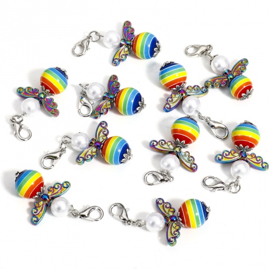 Picture of Zinc Based Alloy & Acrylic Religious Pendants Multicolor Angel Rainbow With Lobster Claw Clasp 4.3cm x 2.2cm