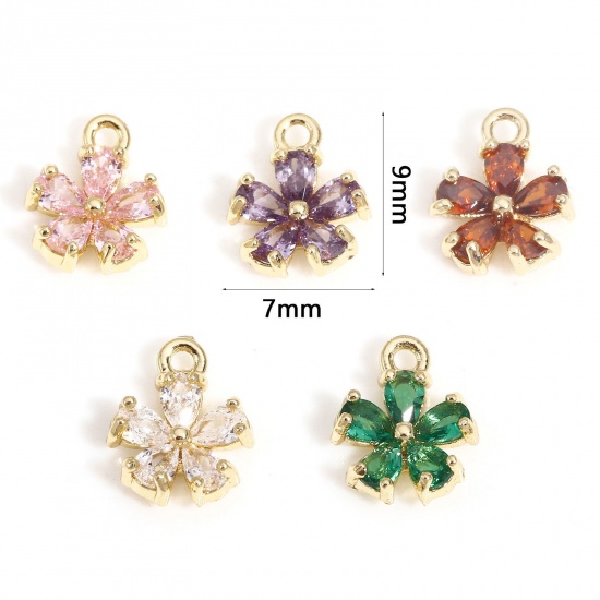 Imagen de 2 Unidades Latón Colgantes Charms Flor 14K Oro Real Chappado Multicolor Circón Artificial 9mm x 7mm
