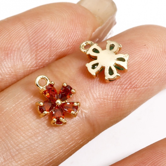 Imagen de 2 Unidades Latón Colgantes Charms Flor 14K Oro Real Chappado Multicolor Circón Artificial 9mm x 7mm