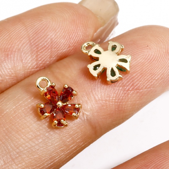 Immagine di 2 Pz Ottone Charms Fiore 14k Vero Oro Placcato Multicolore Cubic Zirconiae 9mm x 7mm                                                                                                                                                                          