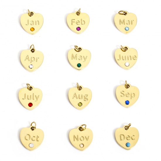 Picture of Eco-friendly 304 Stainless Steel Birthstone Charms Gold Plated Heart Multicolor Rhinestone