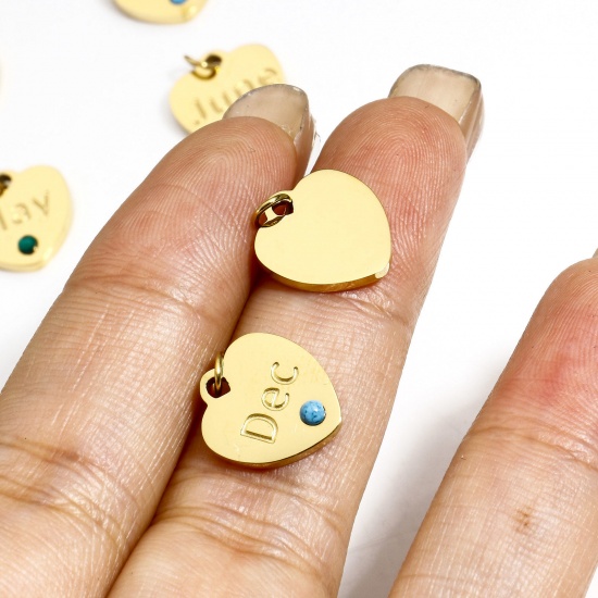 Picture of Eco-friendly 304 Stainless Steel Birthstone Charms Gold Plated Heart Multicolor Rhinestone