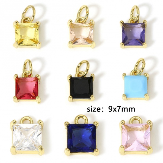 Picture of Brass & Glass Charms 18K Real Gold Plated Multicolor Square 9mm x 7mm