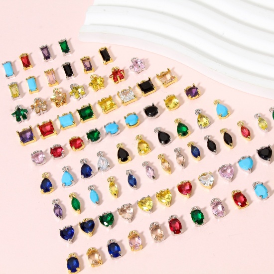 Picture of Brass Charms Real Gold Plated Marquise Multicolour Cubic Zirconia 11mm x 3.5mm