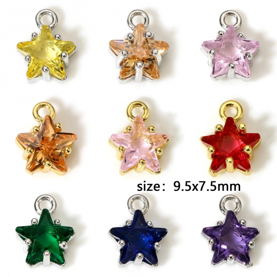 Picture of Brass & Glass Charms Real Gold Plated Multicolor Pentagram Star 9.5mm x 7.5mm