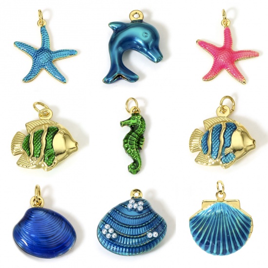 Picture of Brass Ocean Jewelry Charms 18K Real Gold Plated Multicolor Enamel 3D